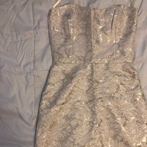 Strapless Paper Crown silver brocade dress